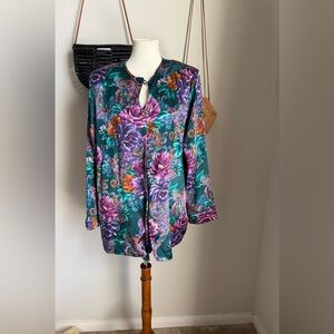 Vintage Laura Gayle Green Floral Button Blouse, Size Large